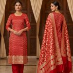Red Semi Silk Banarasi Dress Material