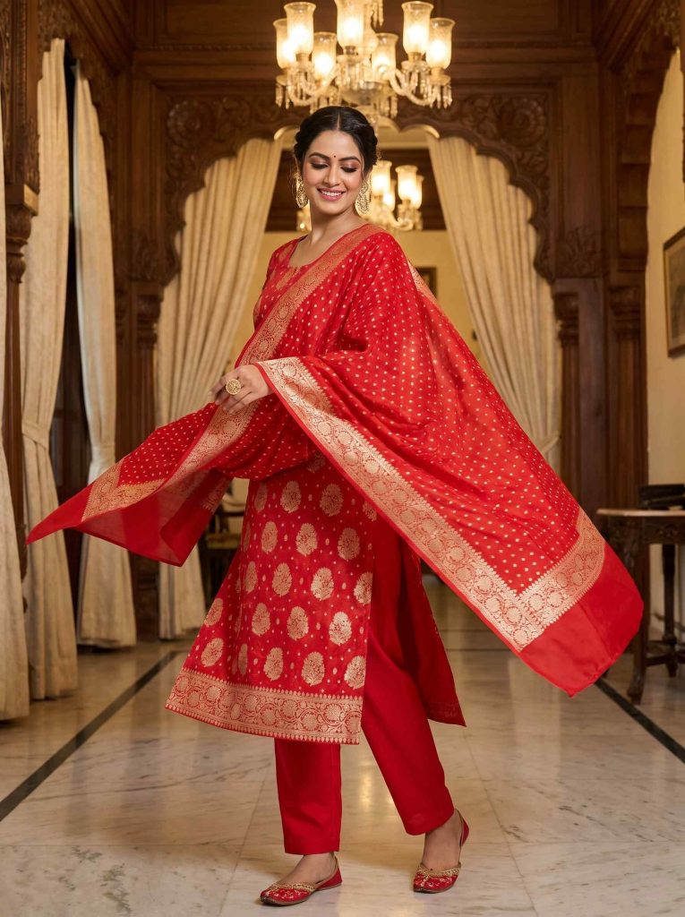 Red Semi Silk Banarasi Dress Material