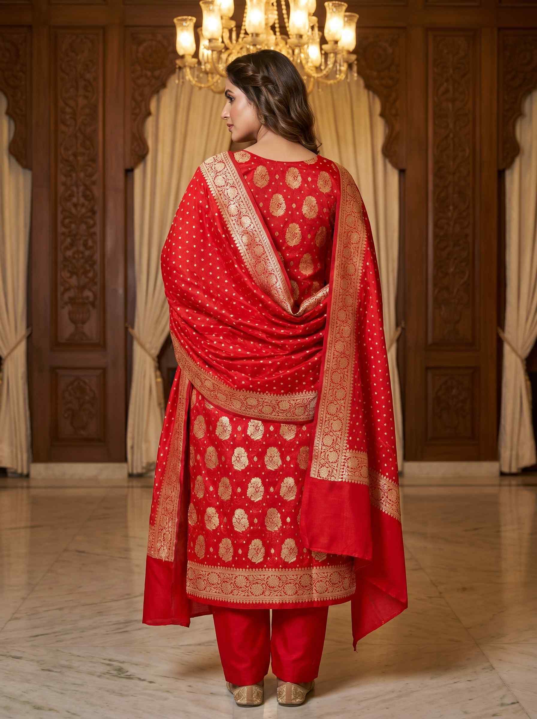 Red Semi Silk Banarasi Dress Material