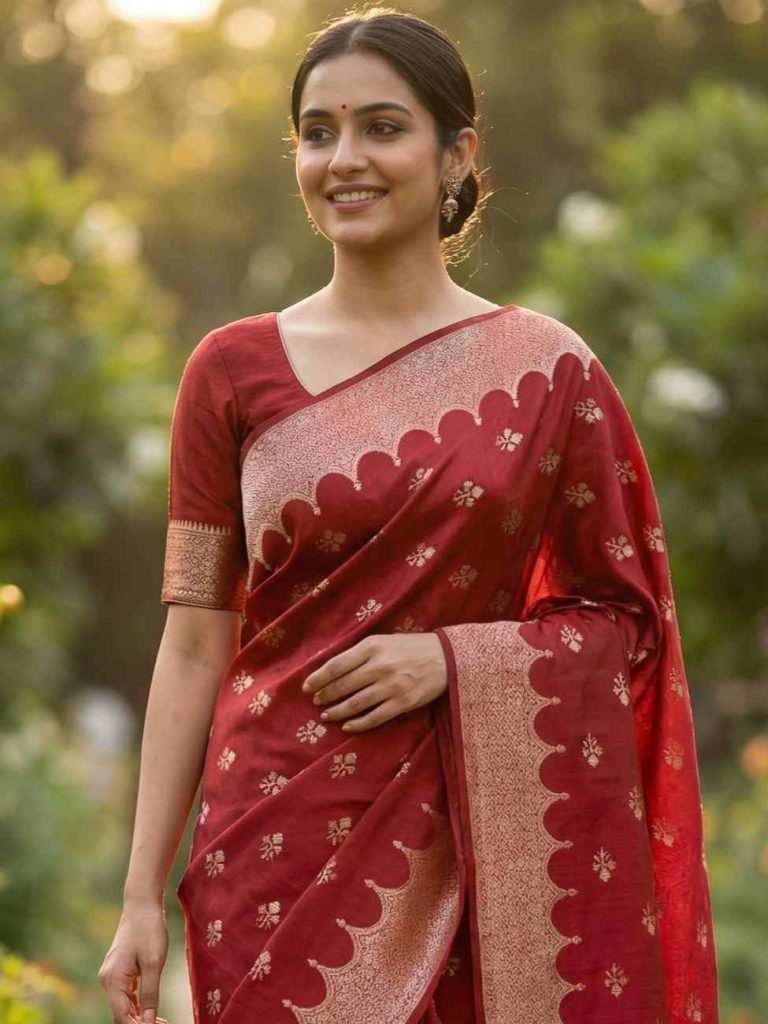 Red Viscose Silk Pure Banarasi Saree With Beautiful Floral  Zari & Red Minakari Work
