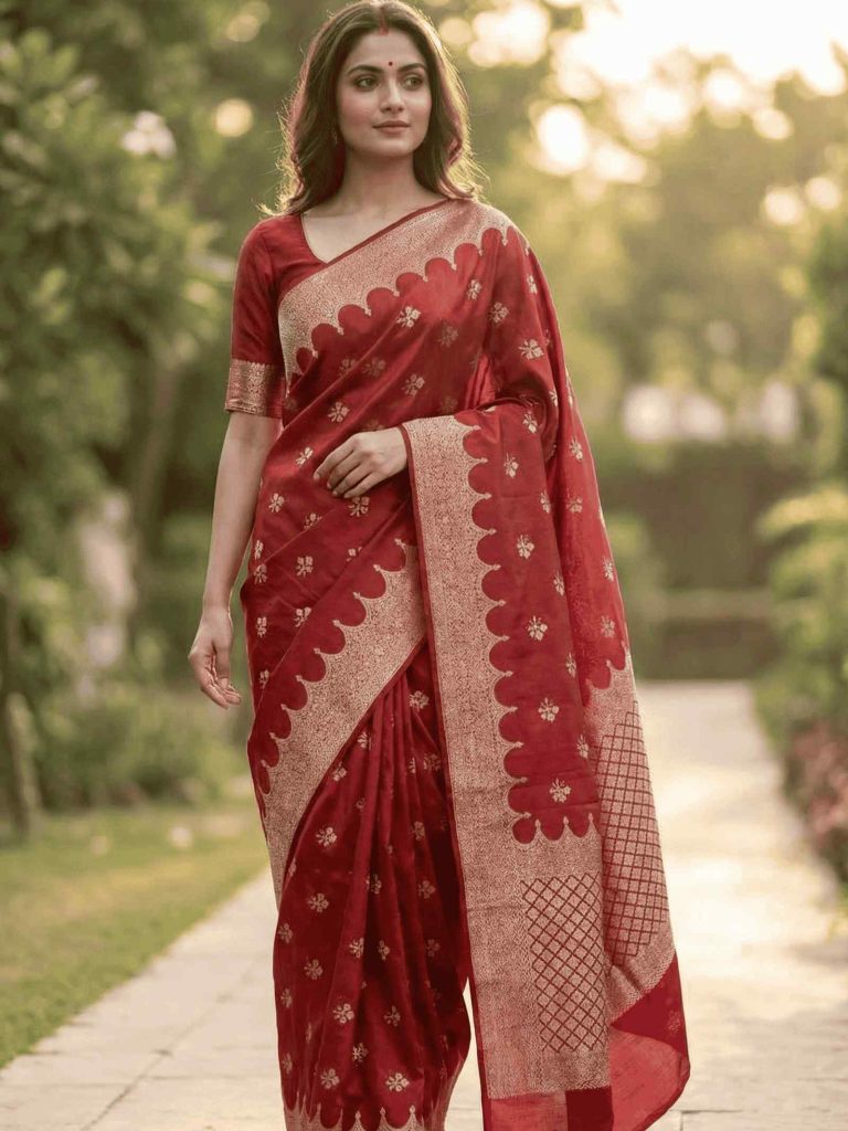 Red Viscose Silk Pure Banarasi Saree With Beautiful Floral  Zari & Red Minakari Work