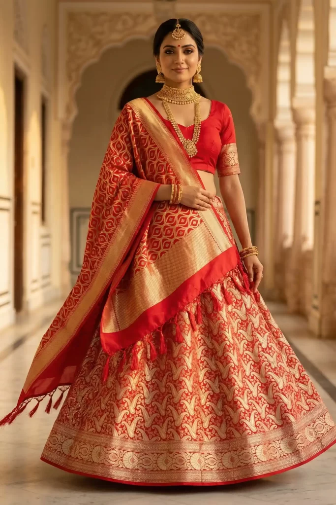Red Semi Silk Unstiched Banarasi Lehenga