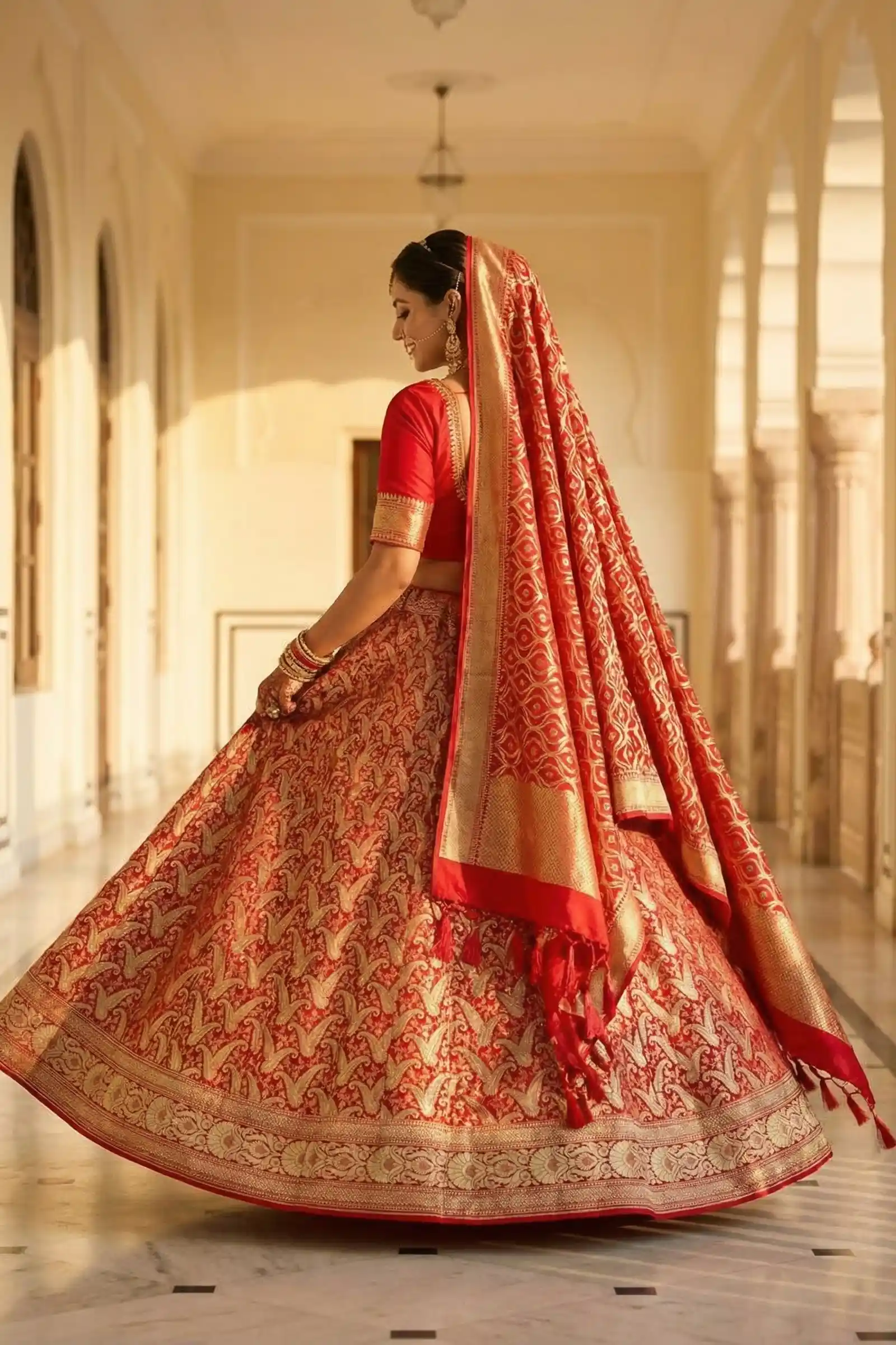 Red Semi Silk Unstiched Banarasi Lehenga