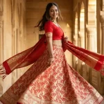 Red Semi Silk Unstiched Banarasi Lehenga