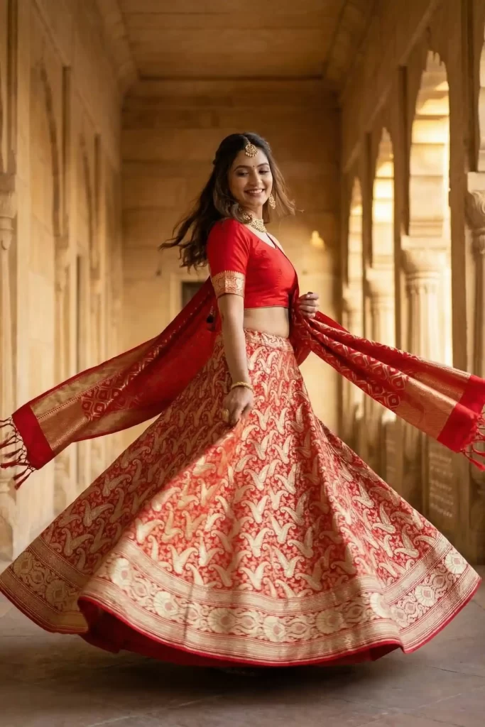Red Semi Silk Unstiched Banarasi Lehenga
