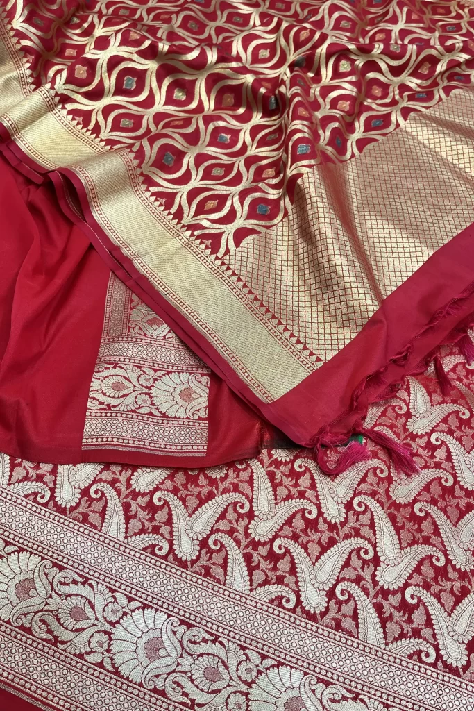 Red Semi Silk Unstiched Banarasi Lehenga