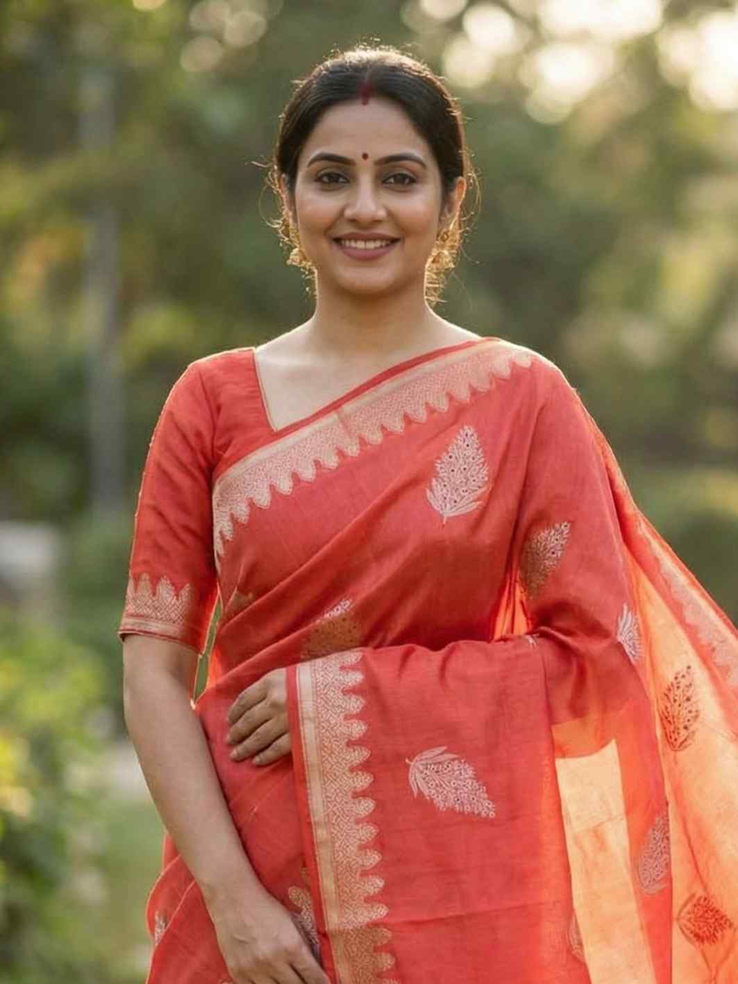 Rich Orange Viscose Silk Pure Banarasi Saree With Beautiful Floral Leaf Zari & Red Minakari Work