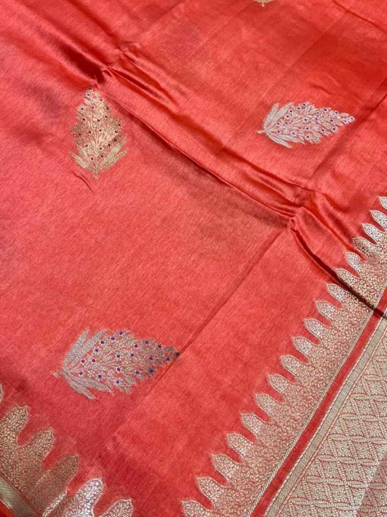 Rich Orange Viscose Silk Pure Banarasi Saree With Beautiful Floral Leaf Zari & Red Minakari Work