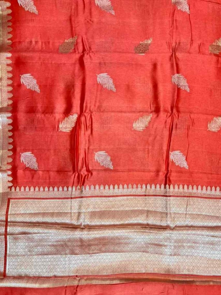 Rich Orange Viscose Silk Pure Banarasi Saree With Beautiful Floral Leaf Zari & Red Minakari Work