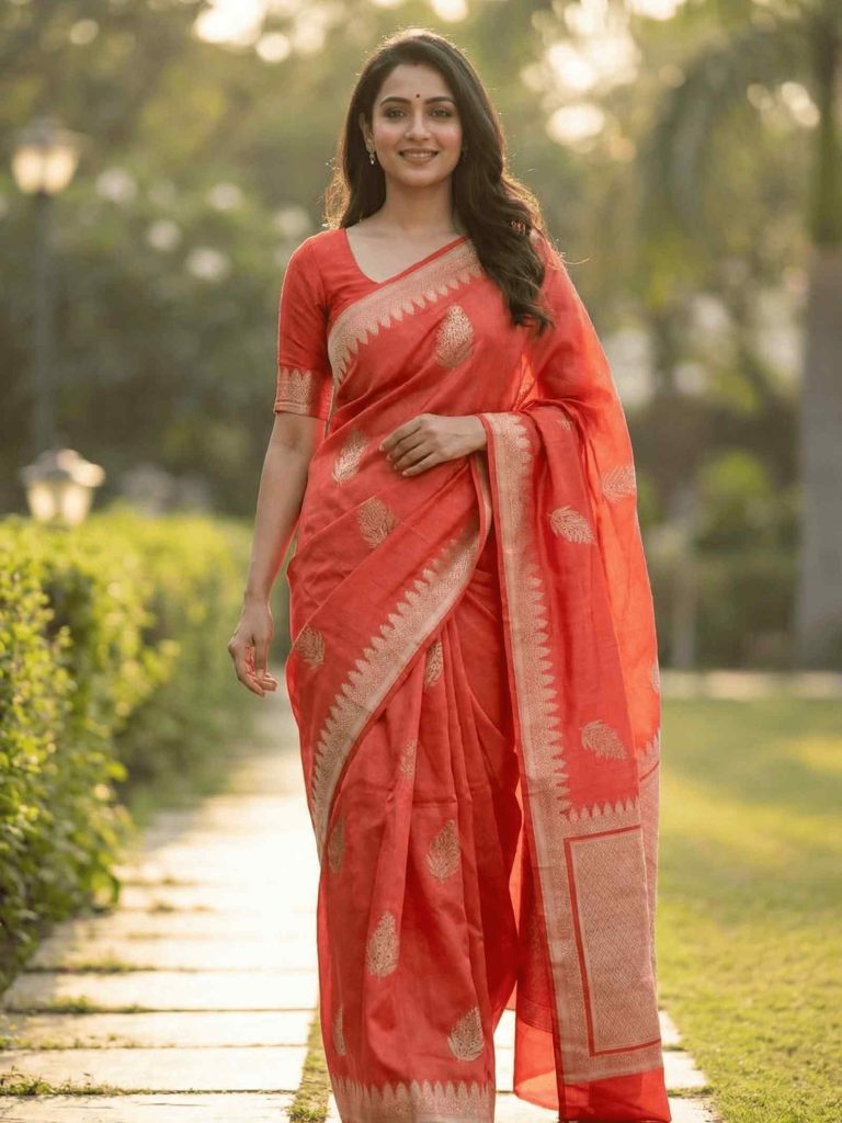 Rich Orange Viscose Silk Pure Banarasi Saree With Beautiful Floral Leaf Zari & Red Minakari Work