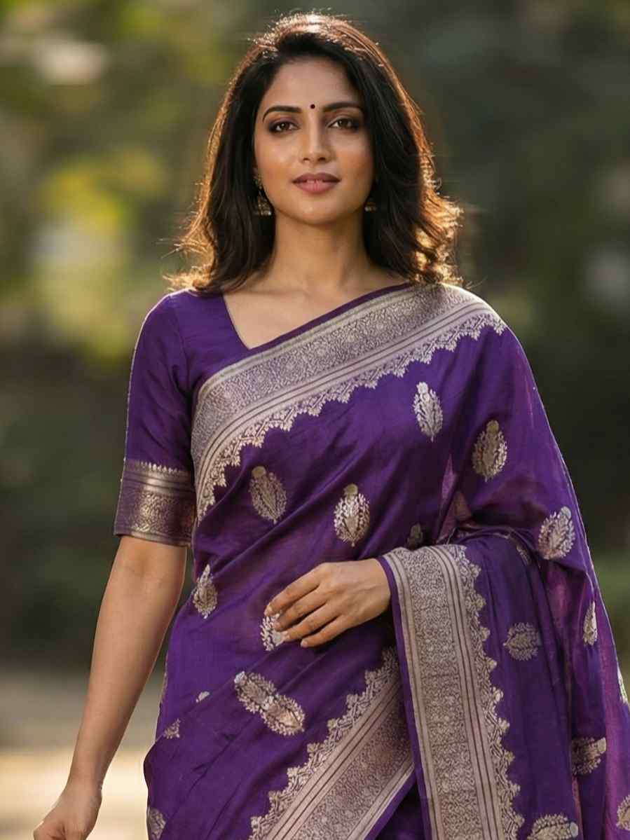 Purple Viscose Silk Pure Banarasi Saree With Beautiful Floral Zari & White Minakari Work