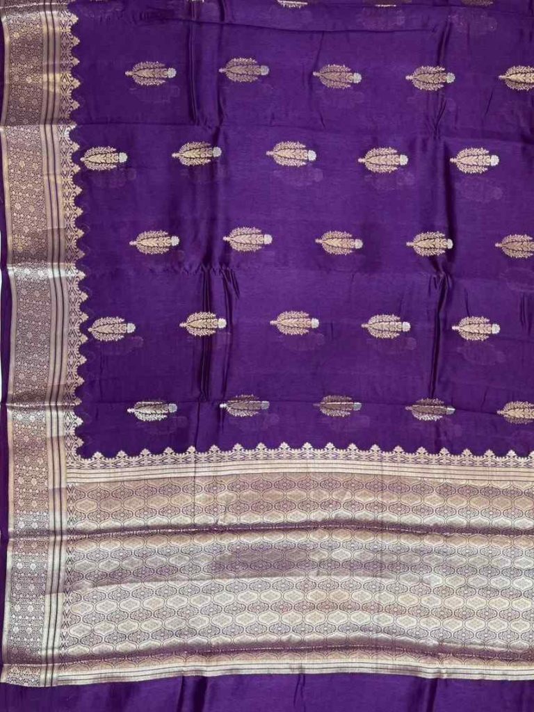 Purple Viscose Silk Pure Banarasi Saree With Beautiful Floral Zari & White Minakari Work