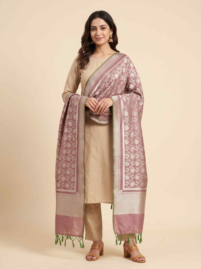 Rose Gold Semi Kataan Silk Banarasi Dupatta With Beautiful Floral Jaal Zari Work