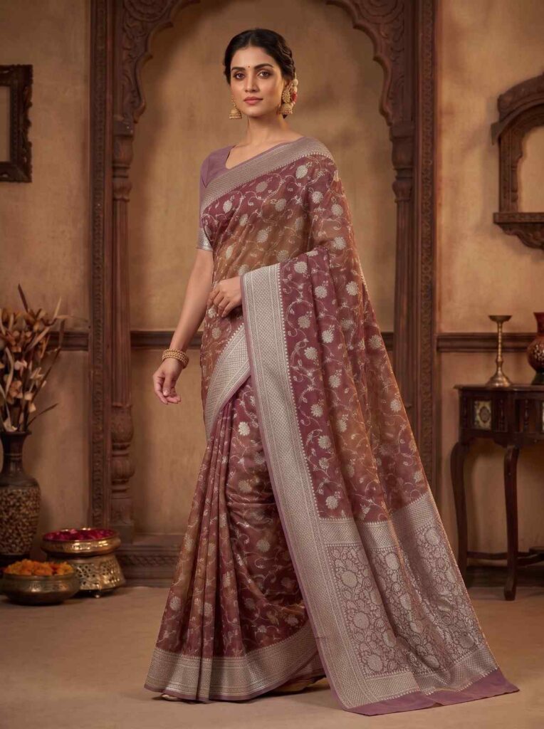 Rosegold Handwoven Khaddi Georgette Banarasi Silk Saree