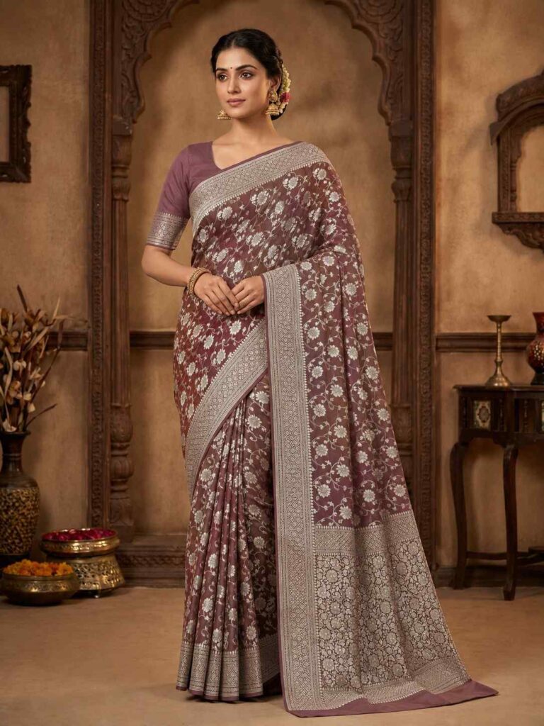 Rosegold Handwoven Khaddi Georgette Banarasi Silk Saree