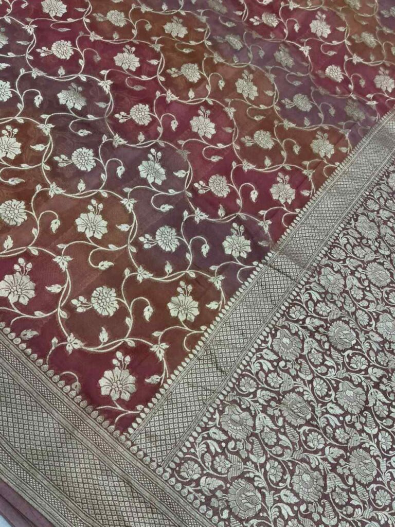 Rosegold Handwoven Khaddi Georgette Banarasi Silk Saree