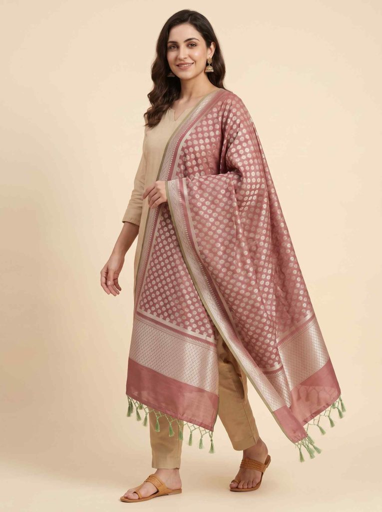 Rose Gold Semi Kataan Silk Banarasi Dupatta With Beautiful Booti Zari Work