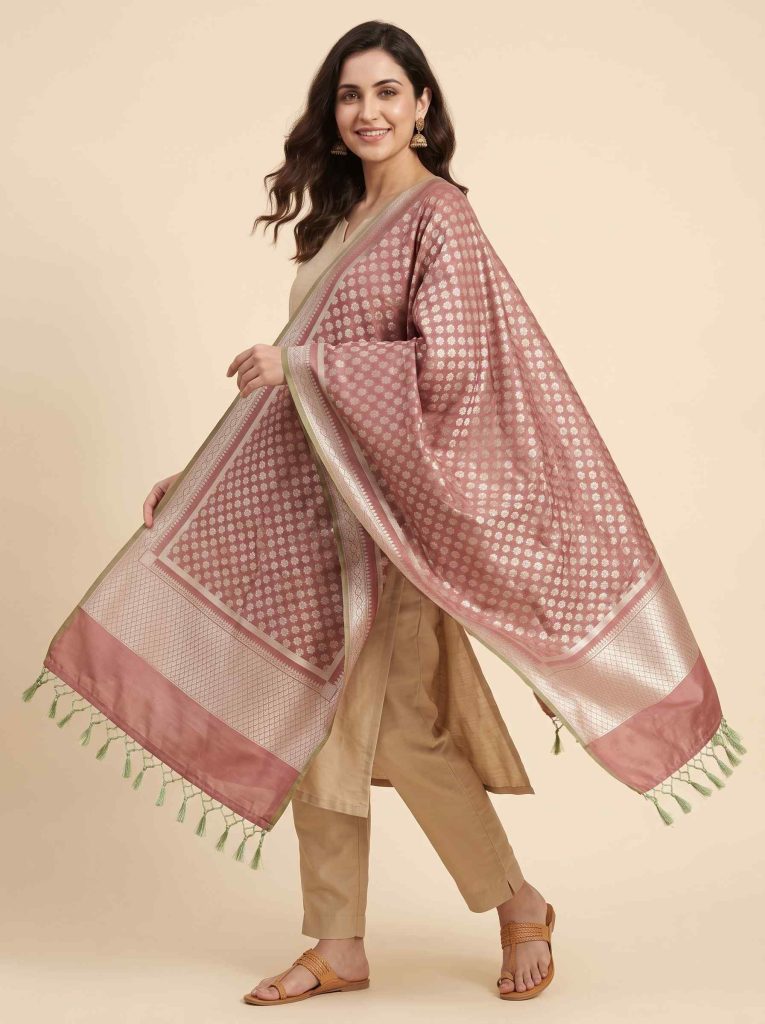 Rose Gold Semi Kataan Silk Banarasi Dupatta With Beautiful Booti Zari Work
