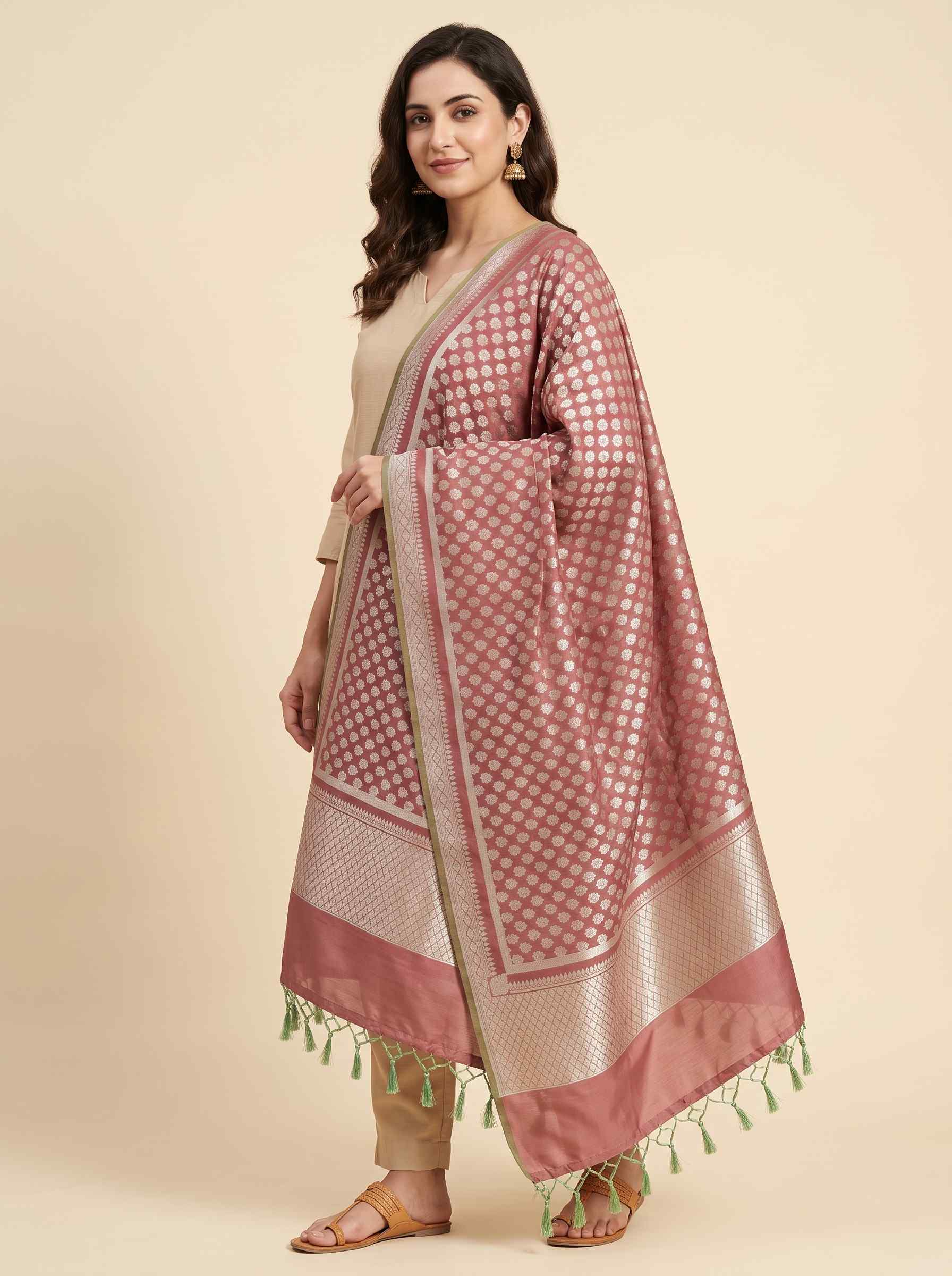 Rose Gold Semi Kataan Silk Banarasi Dupatta With Beautiful Booti Zari Work