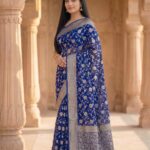 Royal Blue Handwoven Khaddi Georgette Banarasi Silk Saree