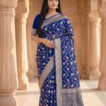 Royal Blue Handwoven Khaddi Georgette Banarasi Silk Saree