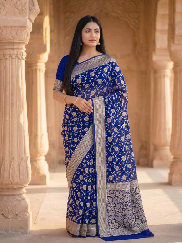 Royal Blue Handwoven Khaddi Georgette Banarasi Silk Saree
