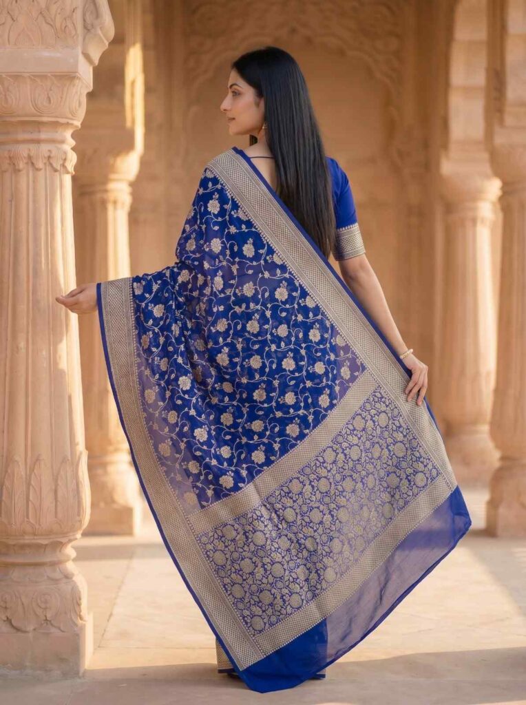 Royal Blue Handwoven Khaddi Georgette Banarasi Silk Saree