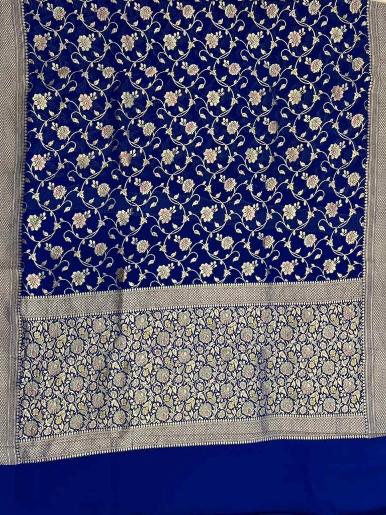 Royal Blue Handwoven Khaddi Georgette Banarasi Silk Saree