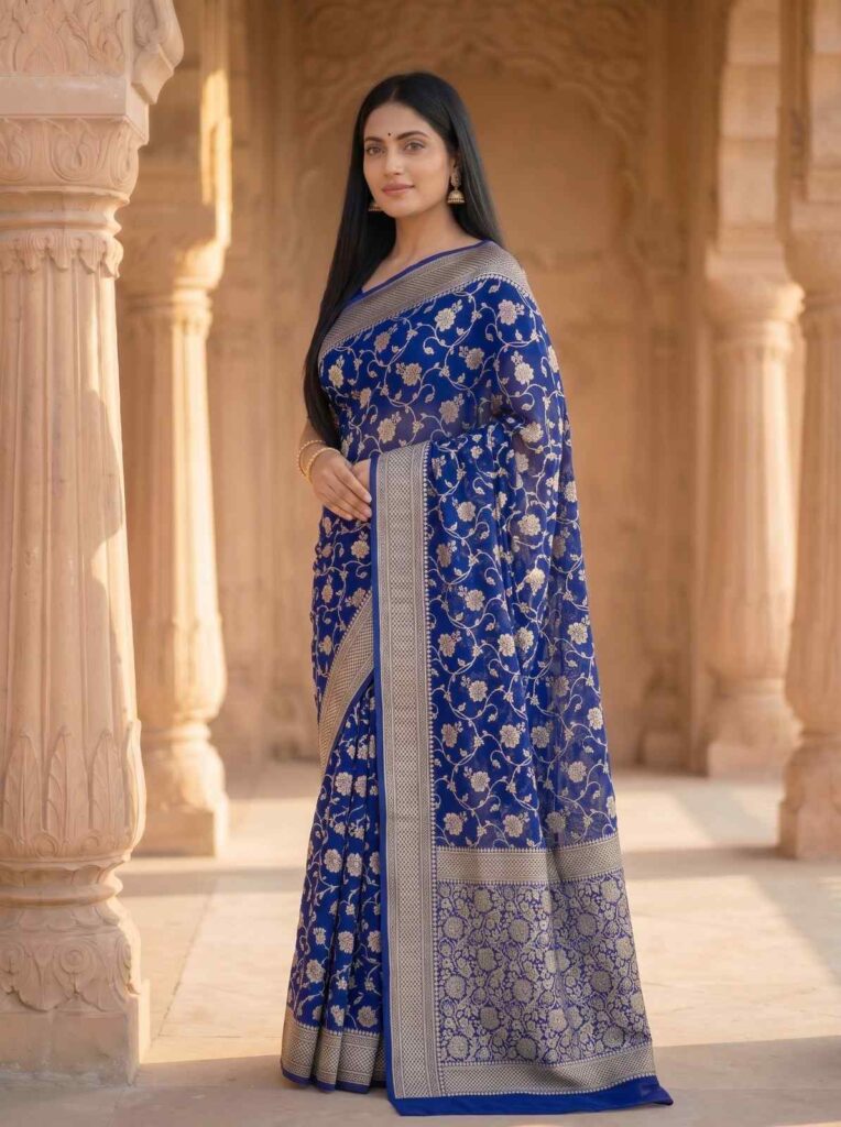 Royal Blue Handwoven Khaddi Georgette Banarasi Silk Saree