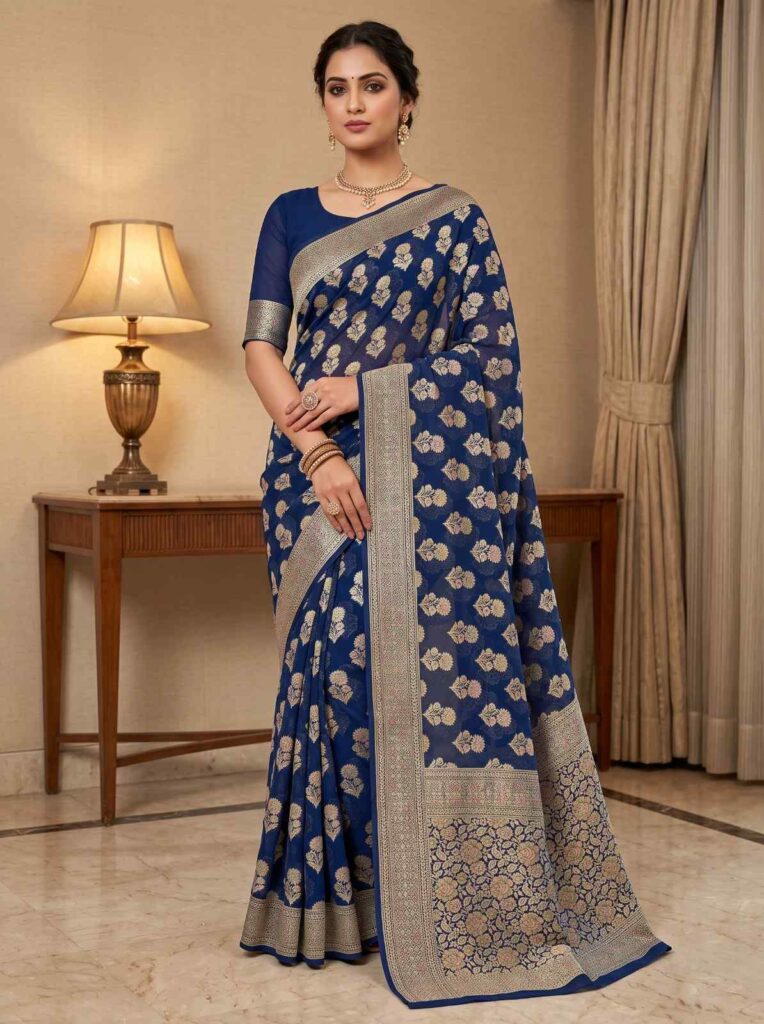 Royal Blue Handwoven Khaddi Georgette Banarasi Silk Saree