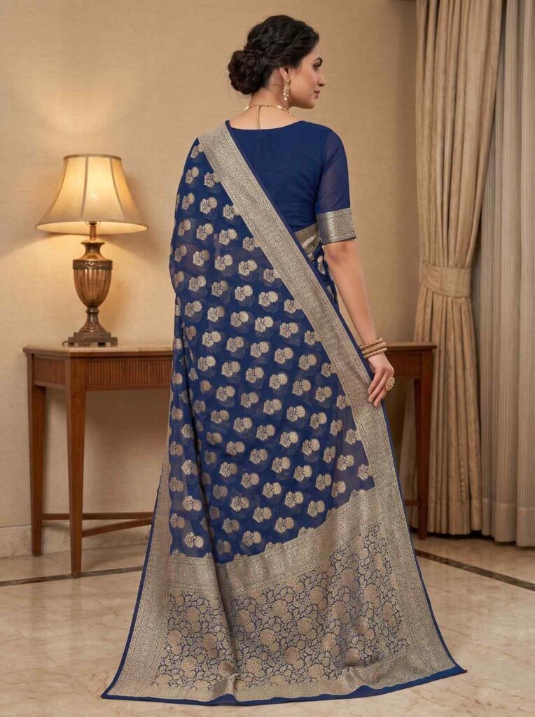 Royal Blue Handwoven Khaddi Georgette Banarasi Silk Saree