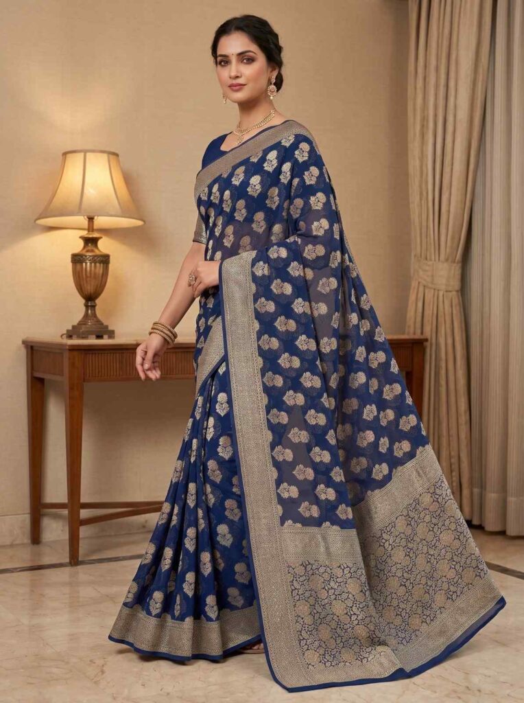Royal Blue Handwoven Khaddi Georgette Banarasi Silk Saree