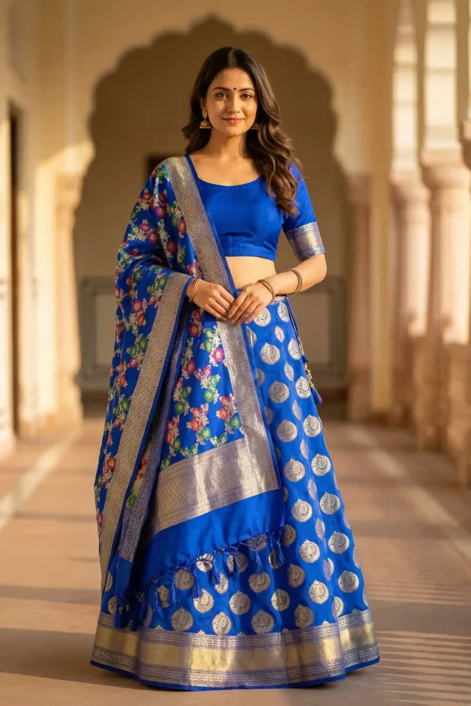 Royal Blue Kataan Semi Silk Unstiched Banarasi Lehenga