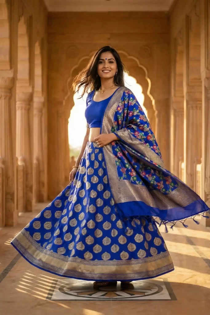 Royal Blue Kataan Semi Silk Unstiched Banarasi Lehenga