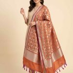 Rust Semi Kataan Silk Banarasi Dupatta With Beautiful Floral Jaal Zari Work