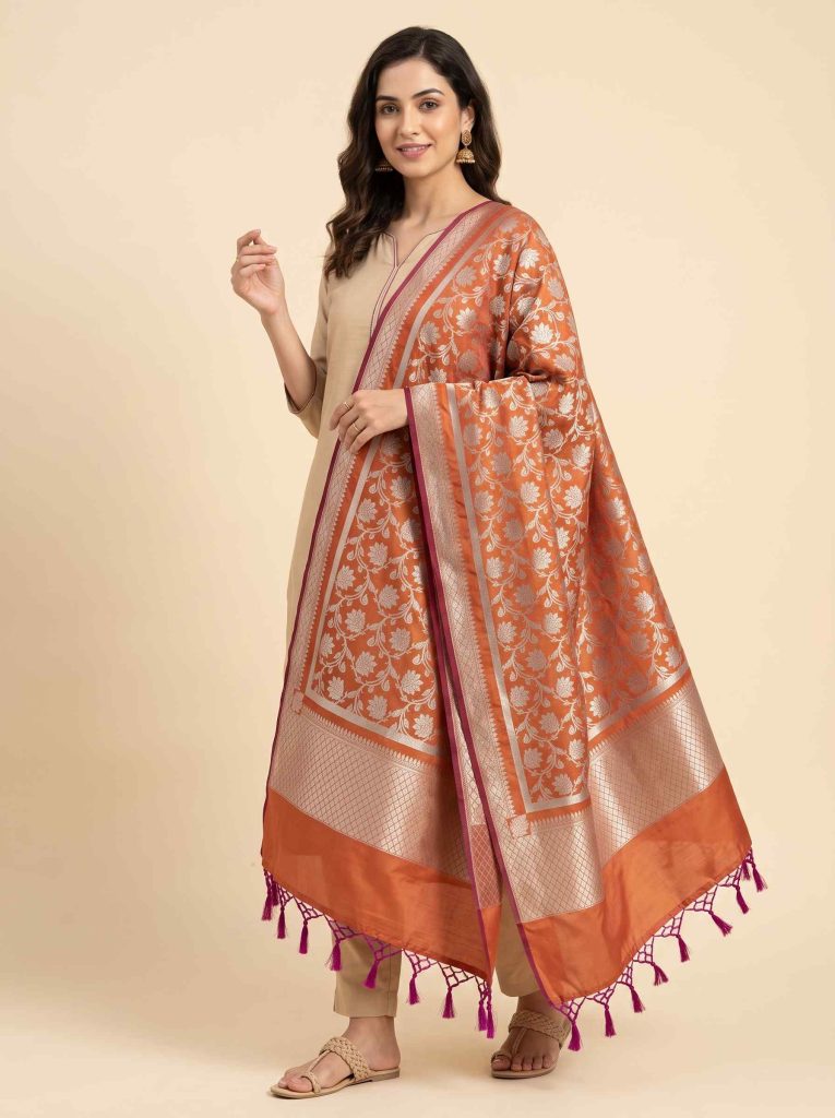 Rust Semi Kataan Silk Banarasi Dupatta With Beautiful Floral Jaal Zari Work