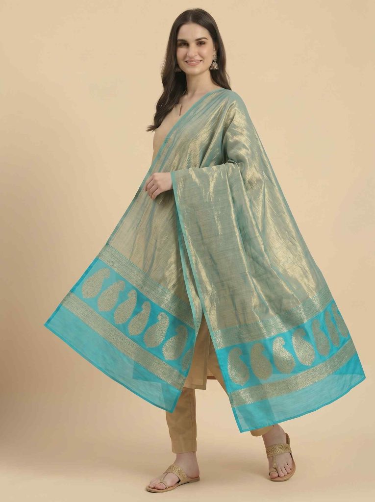 Seagreen Tissue Silk Pure Banarasi Dupatta With Floral Boota Work