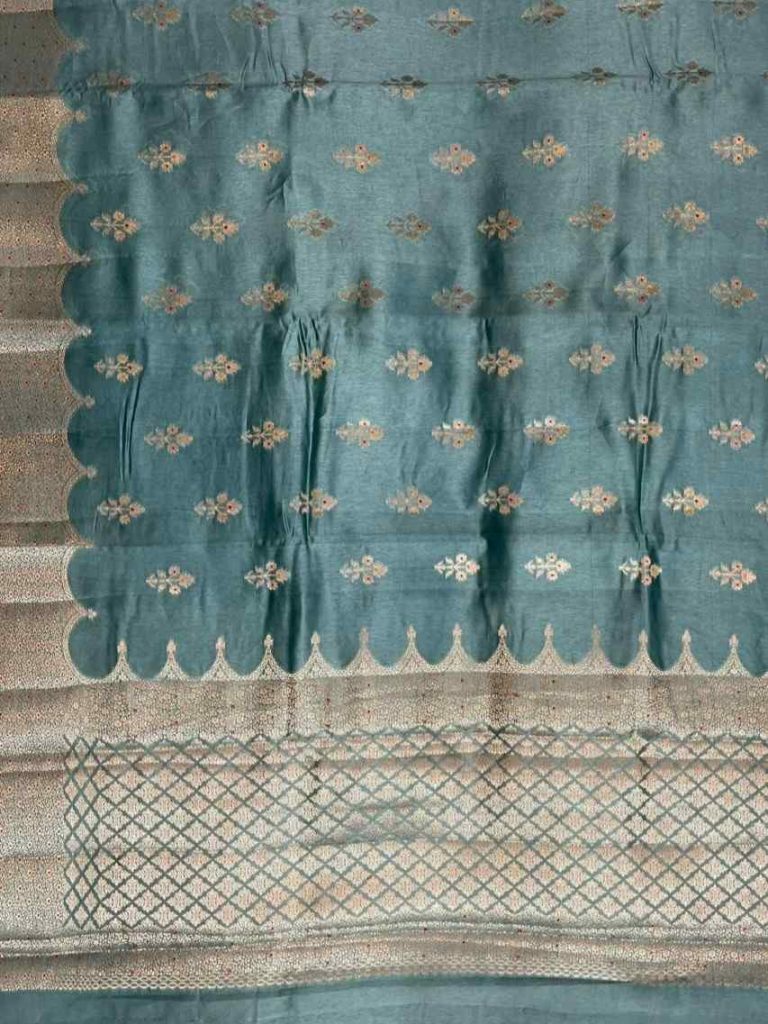 Seagreen Viscose Silk Pure Banarasi Saree With Beautiful Floral Zari & Red Minakari Work