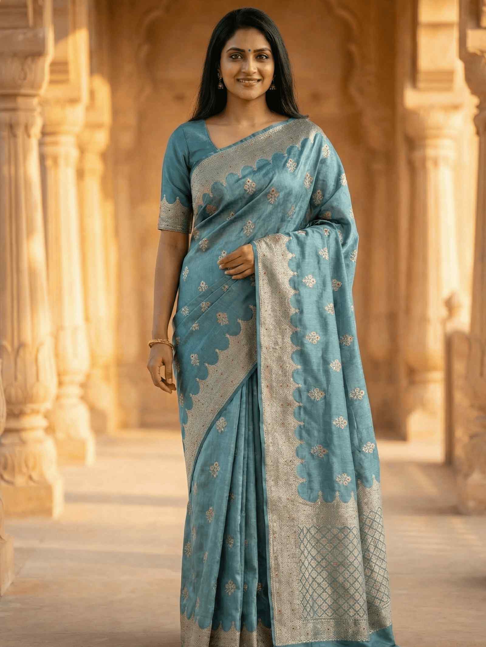 Seagreen Viscose Silk Pure Banarasi Saree With Beautiful Floral Zari & Red Minakari Work