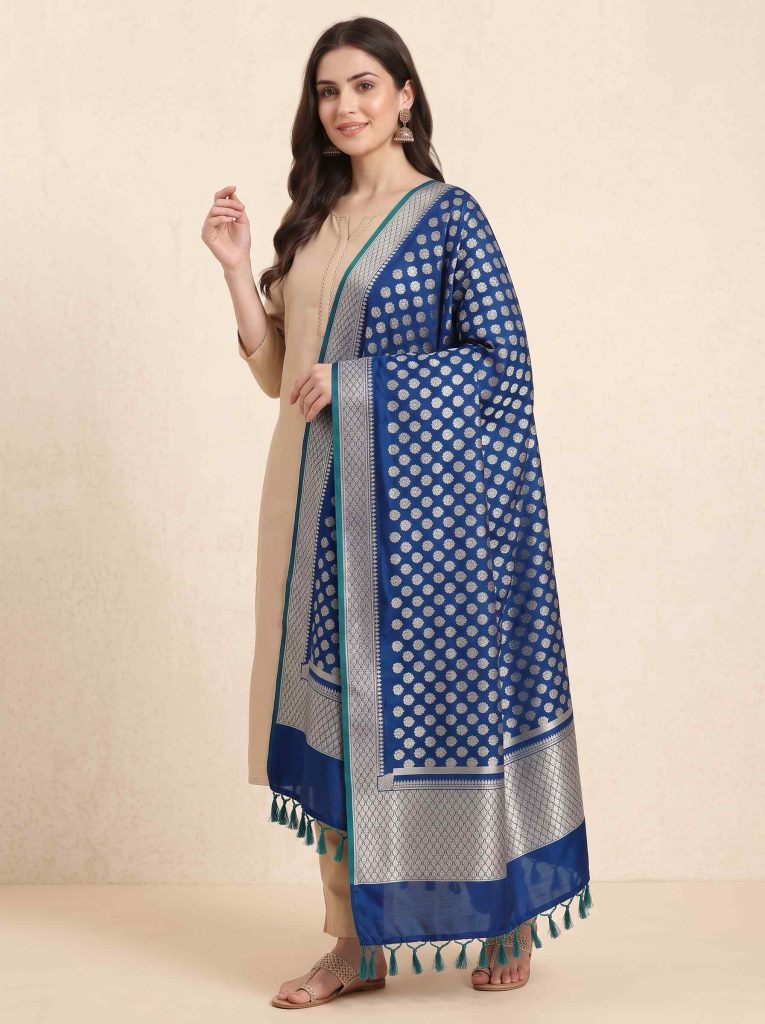Teal Blue Semi Kataan Silk Banarasi Dupatta With Beautiful Booti Zari Work