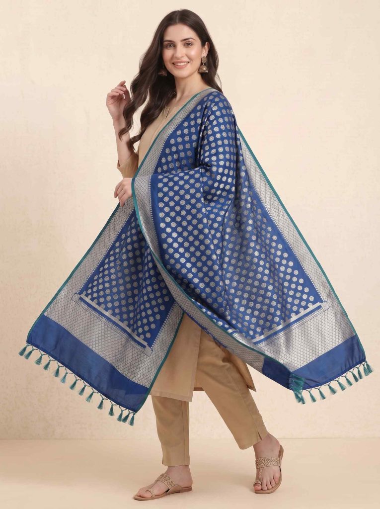 Teal Blue Semi Kataan Silk Banarasi Dupatta With Beautiful Booti Zari Work