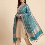 Teal Blue Semi Kataan Silk Banarasi Dupatta With Beautiful Floral Jaal Zari Work