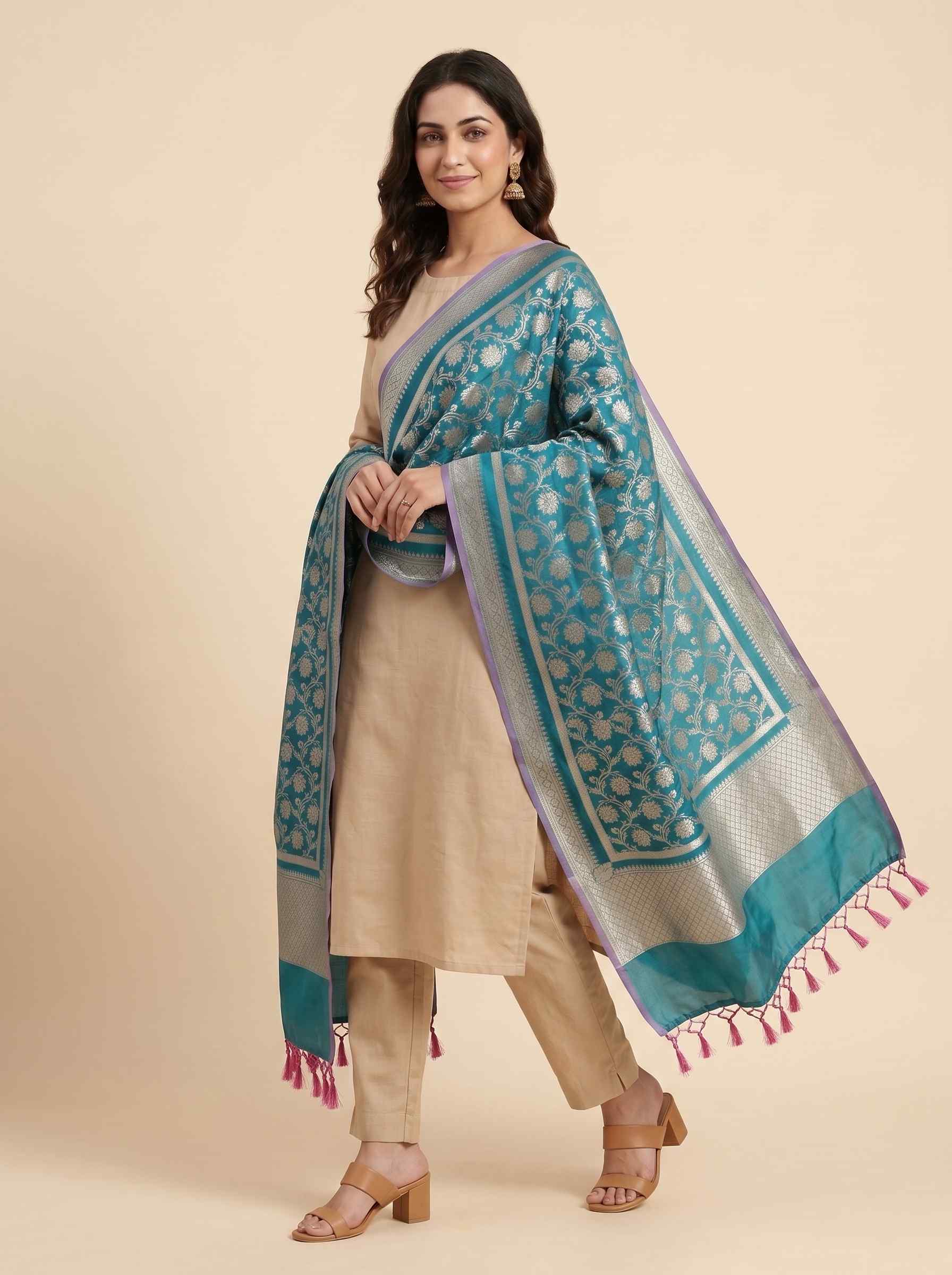 Teal Blue Semi Kataan Silk Banarasi Dupatta With Beautiful Floral Jaal Zari Work