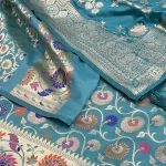 Turquoise Kataan Semi Silk Unstiched Banarasi Lehenga
