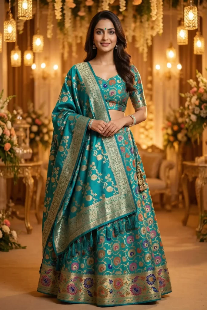 Turquoise Kataan Semi Silk Unstiched Banarasi Lehenga