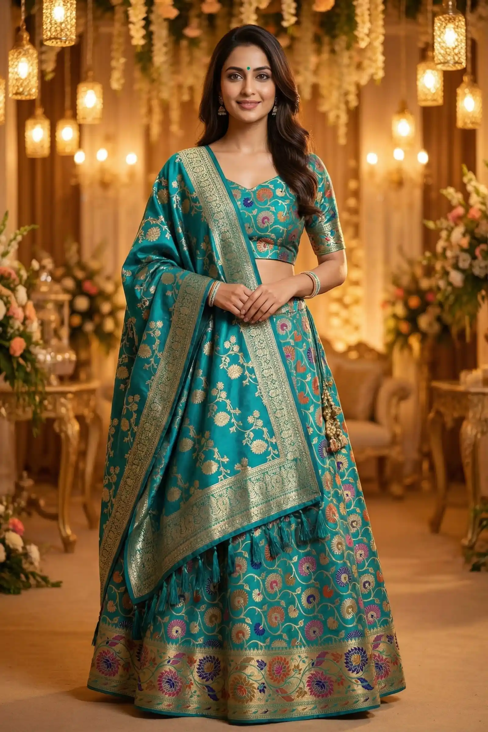 Turquoise Kataan Semi Silk Unstiched Banarasi Lehenga
