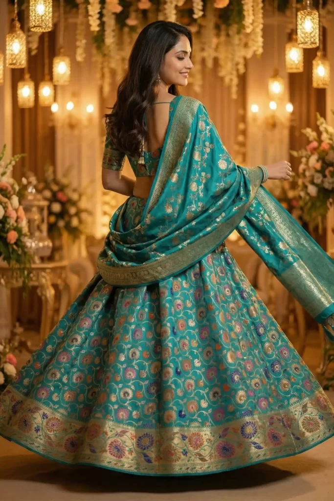 Turquoise Kataan Semi Silk Unstiched Banarasi Lehenga