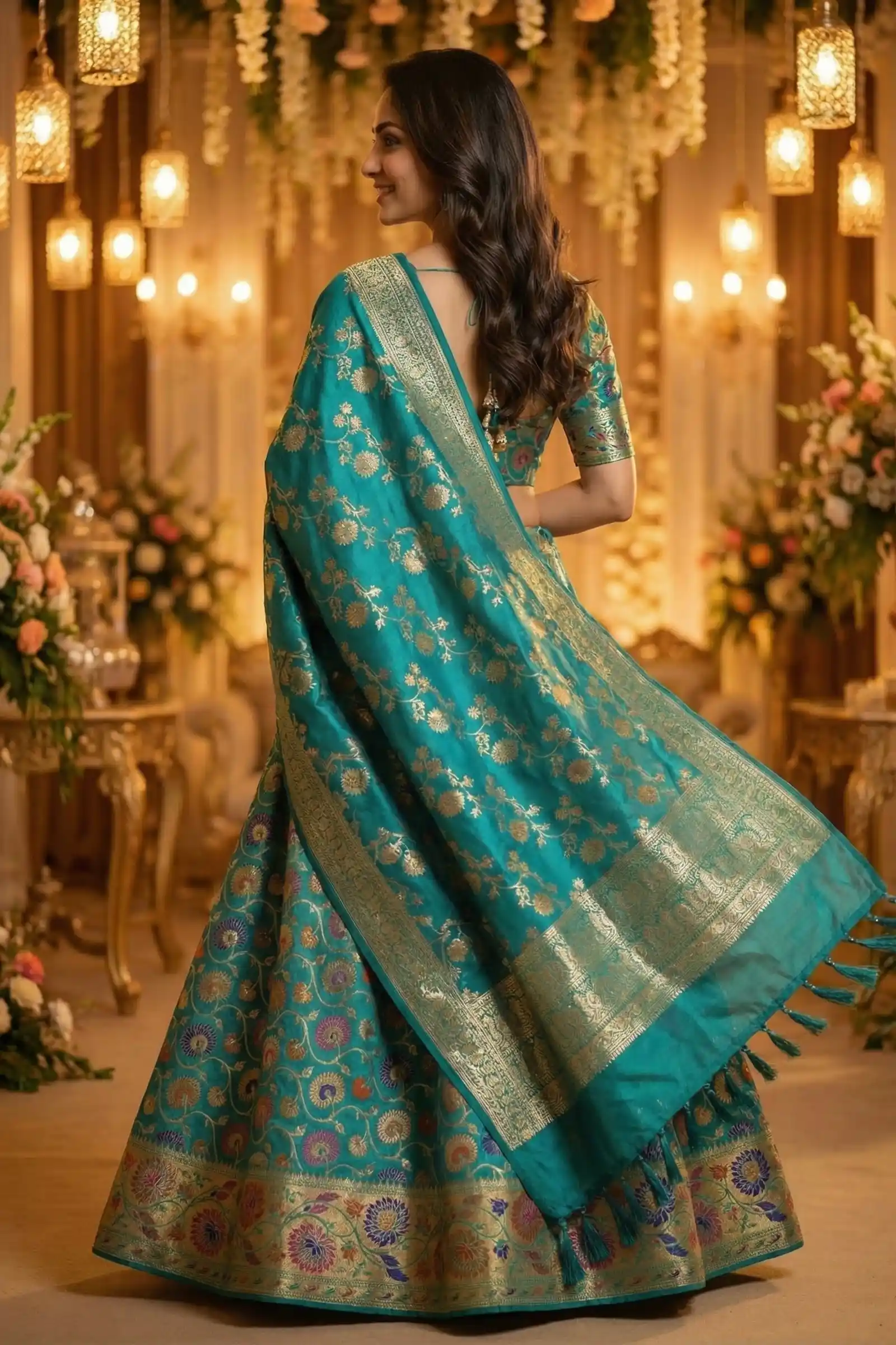 Turquoise Kataan Semi Silk Unstiched Banarasi Lehenga