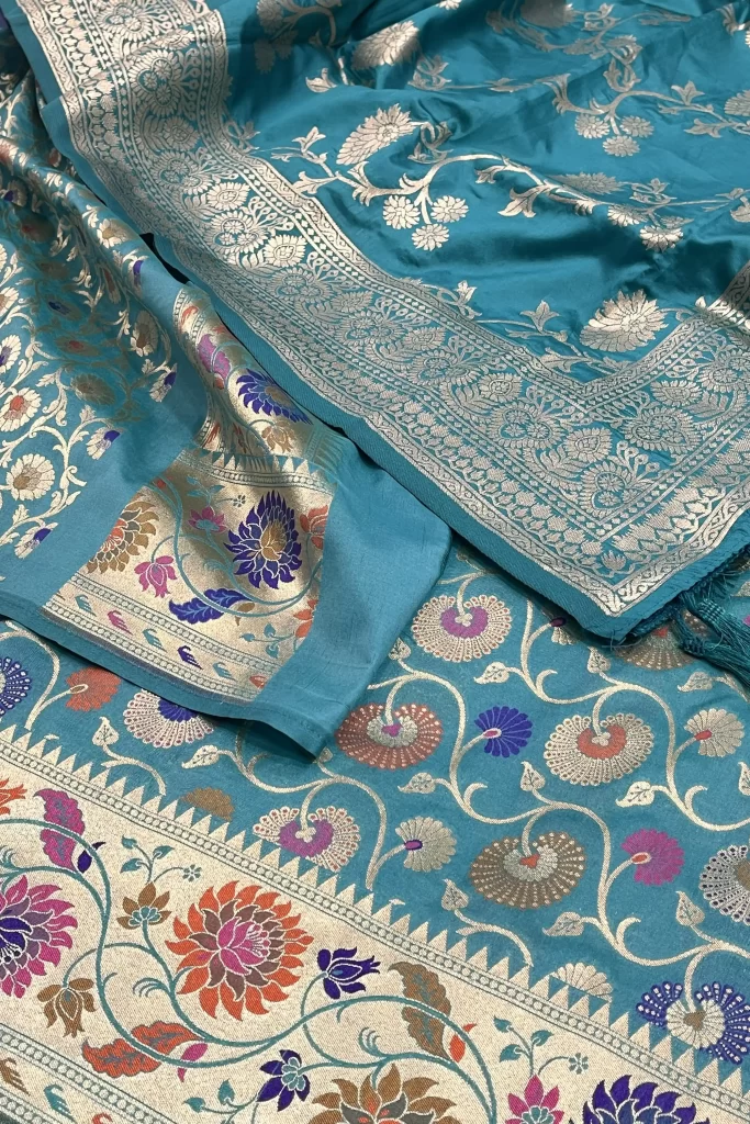 Turquoise Kataan Semi Silk Unstiched Banarasi Lehenga