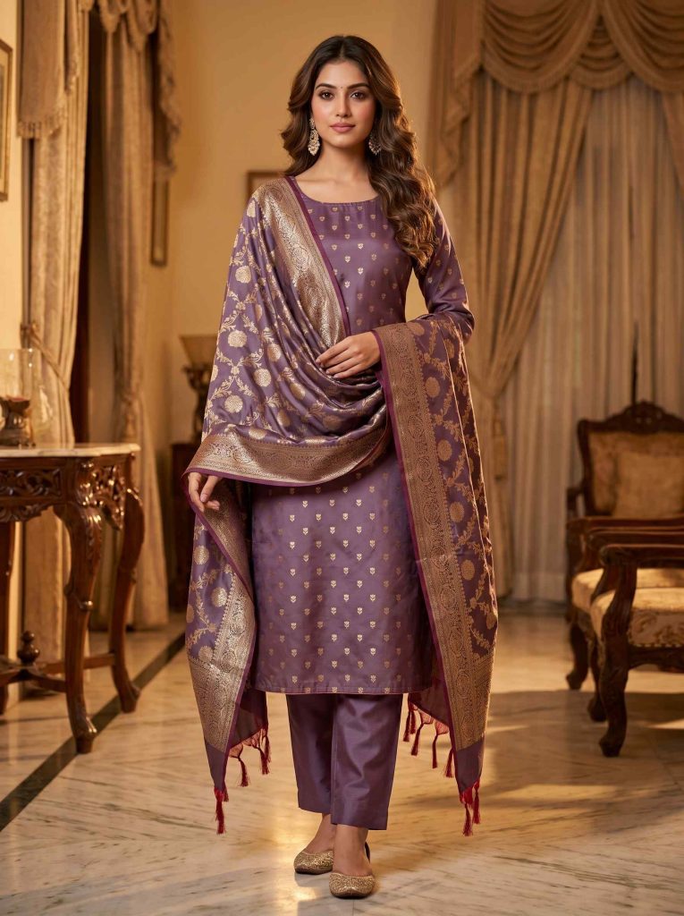 Plum Semi Silk Banarasi Dress Material